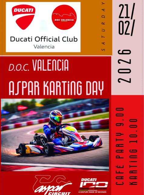 Comenzamos 2026 celebrando el centenario de Ducati con un año repleto de actividades diseñadas para fortalecer la comunidad de nuestro D.O.C. La primera cita será el D.O.C Valencia Aspar Karting Day , como miembro del DOC Valencia, disfrutarás de un descuento exclusivo para vivir una mañana llena de adrenalina y pasión por el motor. @d.o.c.valencia @ducativalenciaoficial @ducatiesp @ducati  @circuitaspar
