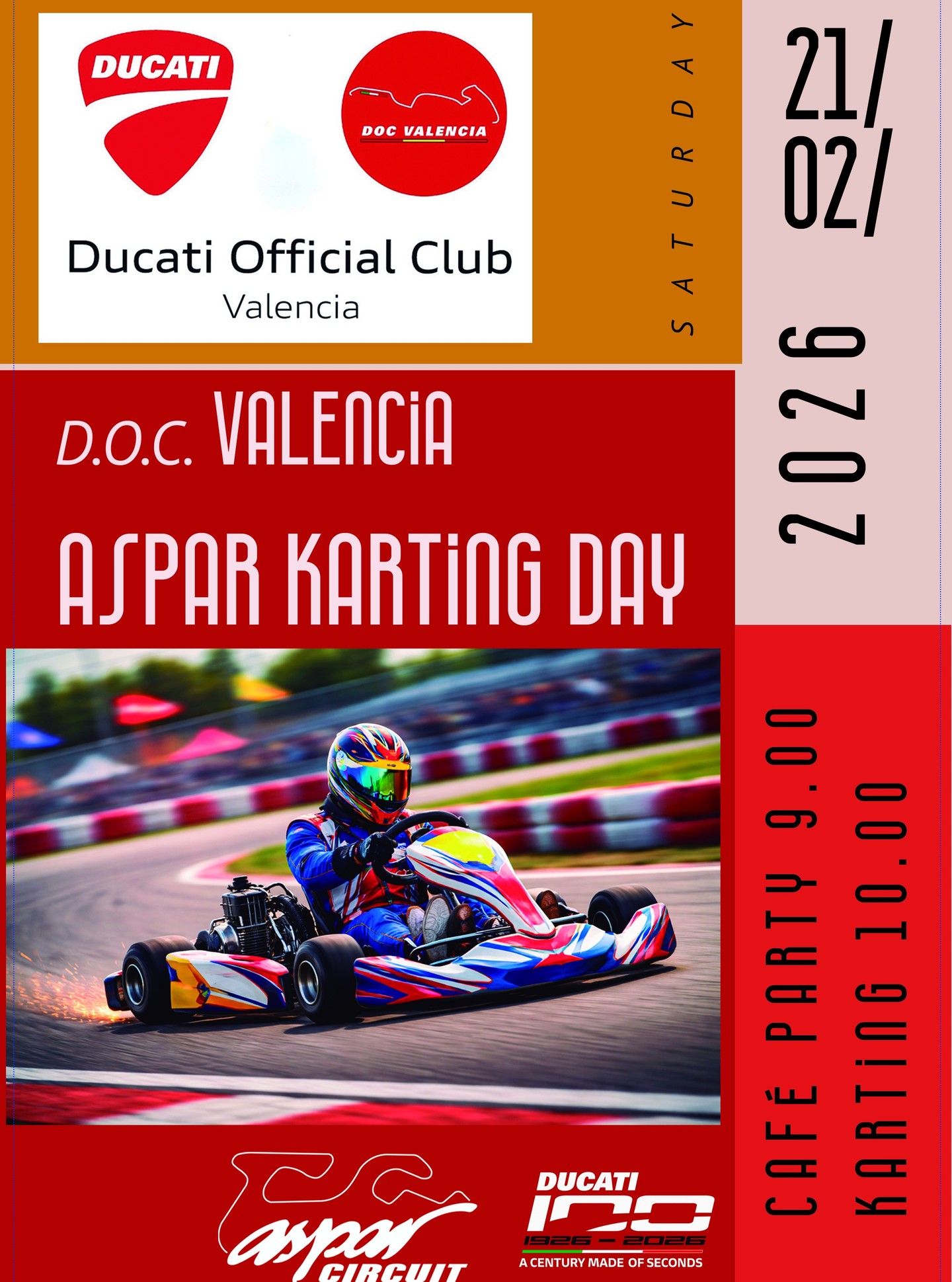 Comenzamos 2026 celebrando el centenario de Ducati con un año repleto de actividades diseñadas para fortalecer la comunidad de nuestro D.O.C. La primera cita será el D.O.C Valencia Aspar Karting Day , como miembro del DOC Valencia, disfrutarás de un descuento exclusivo para vivir una mañana llena de adrenalina y pasión por el motor. @d.o.c.valencia @ducativalenciaoficial @ducatiesp @ducati  @circuitaspar